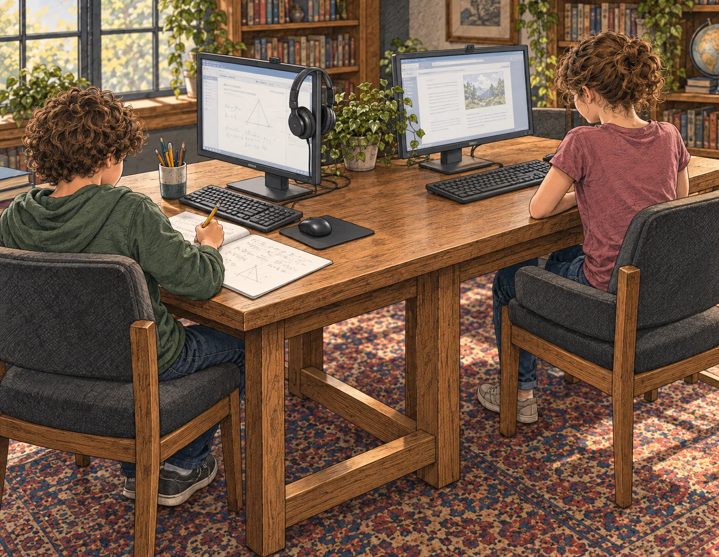 Two students working at computers in a Studia Nova classroom