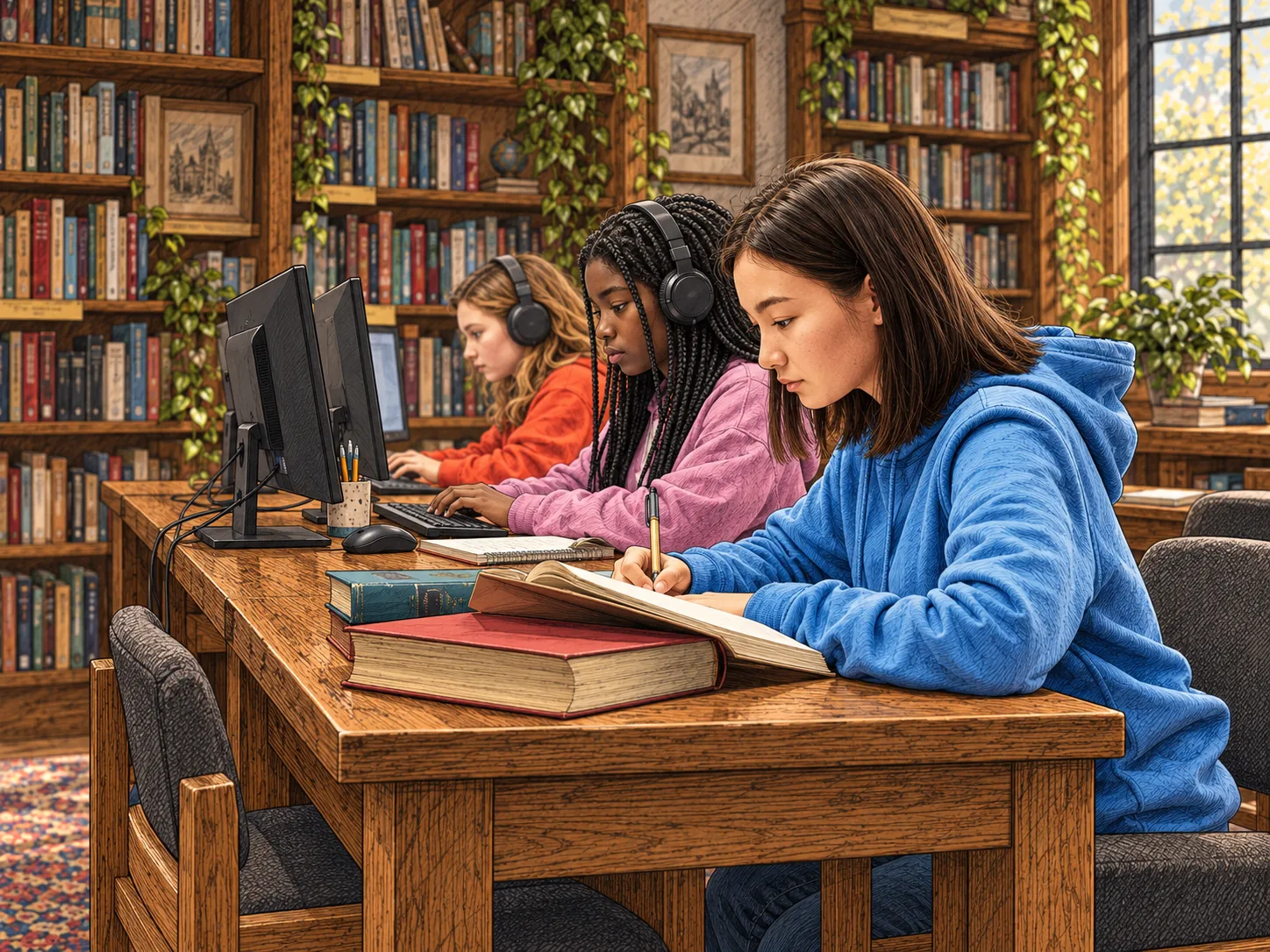 Students studying together at a library table